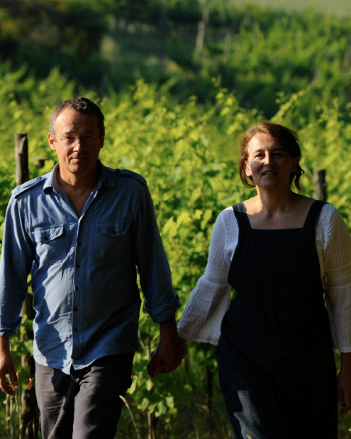 Picture of Dante and Helena Lomazzi, owners of Colombaia, holding hands in front of a vineyard.