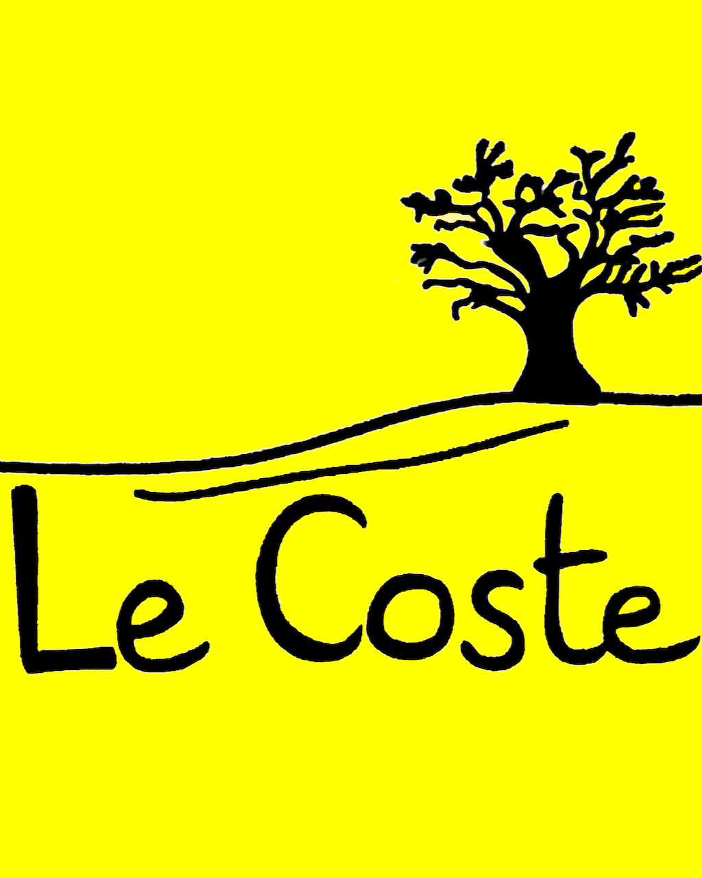 Le Coste's logo, a drawing of a vineyard, in black, over a yellow background with the winery's name underneath it.